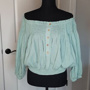Newbury Kustom Green Off Shoulder Peasent Blouse